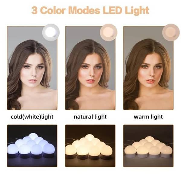 Makeup Mirror Vanity Lights with 10 LED Bulbs, 3 Color Modes, and Adjustable Brightness
