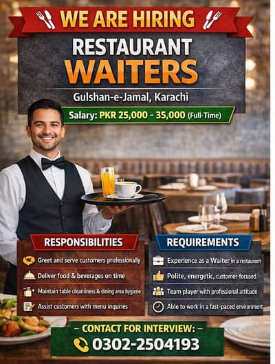 Hiring Experienced Restaurant Waiter – Full-Time | Gulshan-e-Jamal,