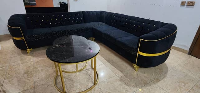 2 seta of L-shape Sofas with 2 layer center table & side 3 layer table