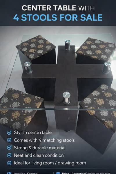 Glass Center Table + 4 Cushion Stool (Best for kids)