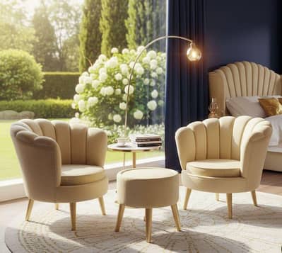 2 Velvet Shell-Back Chairs-1 Matching Luxury Ottoman