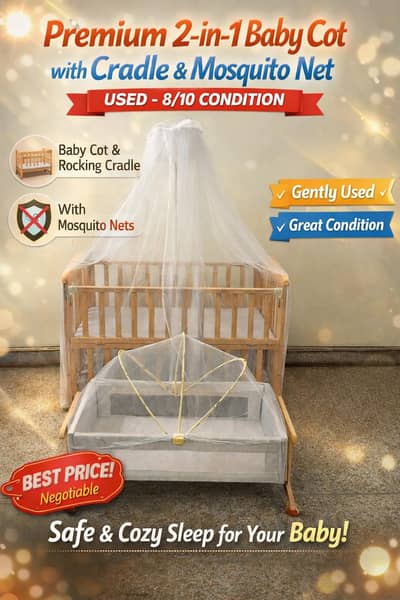 Premium 2-in-1 Baby Cot + Cradle with Mosquito Net (Complete Set)