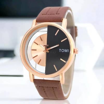 TOMI Minimalist Analog Watch – Black Dial with Brown Leather Strap