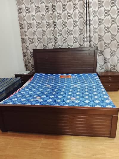Wooden Double Bed with Mattress & Side Tables – Excellent Condition