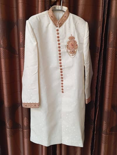 Men’s Wedding Sherwani – Cream/Gold with Ruby Accents