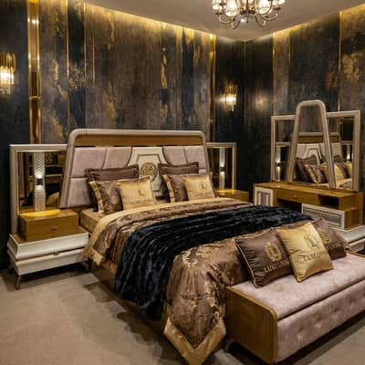 Luxury King Size Bed Set – Modern Gold & Black Designer Bedroo