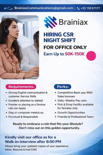 HIRING CSR NIGHT SHIFT FOR OFFICE & WORK FROM HOME