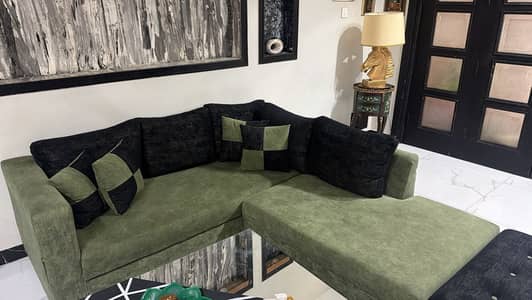 Luxury Olive Green & Black L-Shape Sofa