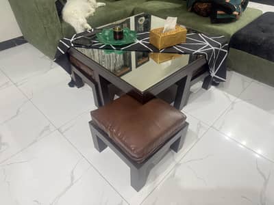 Modern Mirror Top Center Table with 4 Stools –Stylish Coffee Table Set