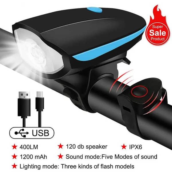 USB Rechargeable Bike Headlight with Sound Modes, 400 lm, IPX6, 1200 mAh Battery