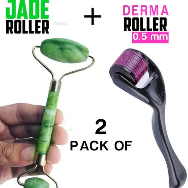 Combo pack of 2 Derma Roller Skin Therapy 0.5 with 540 Micro  and Jade Roller Anti-Aging Natural Stone Jade Roller with Noiseless Double Heads for Face Massage   Slimming Facial Relaxation and Face Lift with Natural Jade Stones