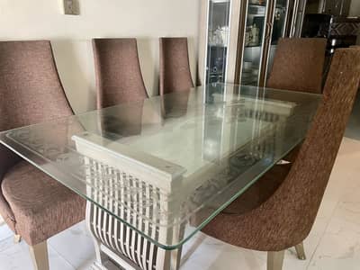 Queen size dining table with 6 chairs and double mirror