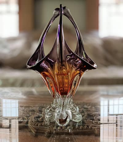 Mid Century Amber Aubergine Glass Basket Vase