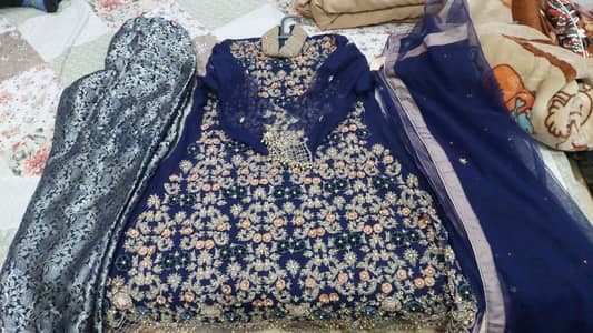 fancy zari plus resham work three pieces frock suit