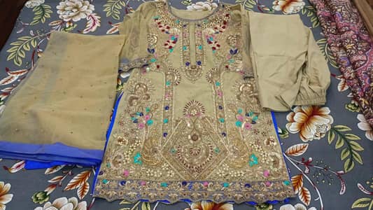 fancy zari plus resham work three pieces suit