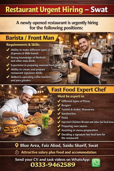 Fast Food Restaurant Urgent Hiring – Swat, KPK