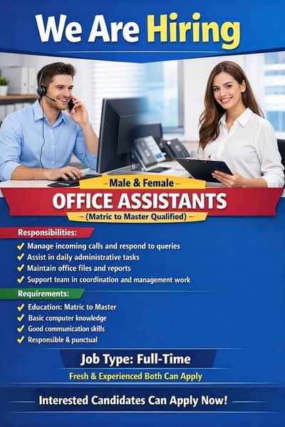 Office Assistant Jobs (Male/Female) – Fresh & Experienced