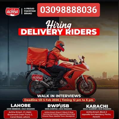 Delivery Boy / Rider Job available Contract Based