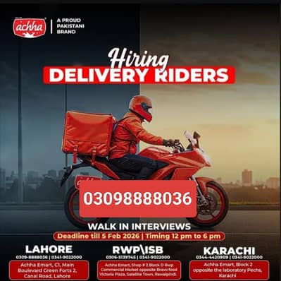 Delivery Boy / Rider Job available Contract Based