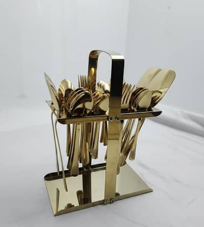 Luxurious 24-Piece Gold Plated Cutlery Set with Compact Stand