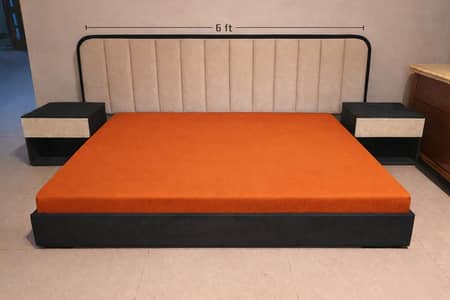 slightly used low profile bed with two side tables