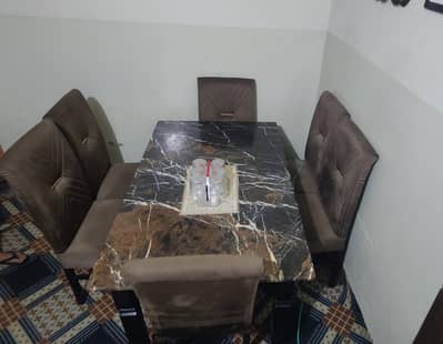 6 Seater Marble Dining Table with Cushioned Chairs- Excellent con
