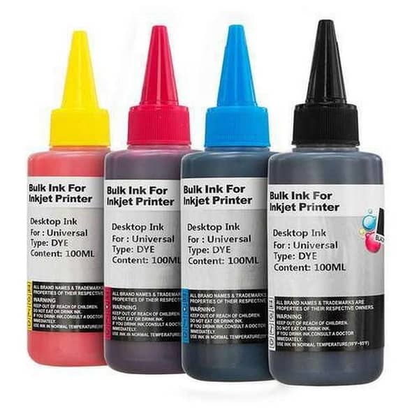 4 Color CMYK Printer Refill Ink Set for HP, Canon, and Epson Printers – High Quality Dye-Based Ink in 500ml/100ml Bottles