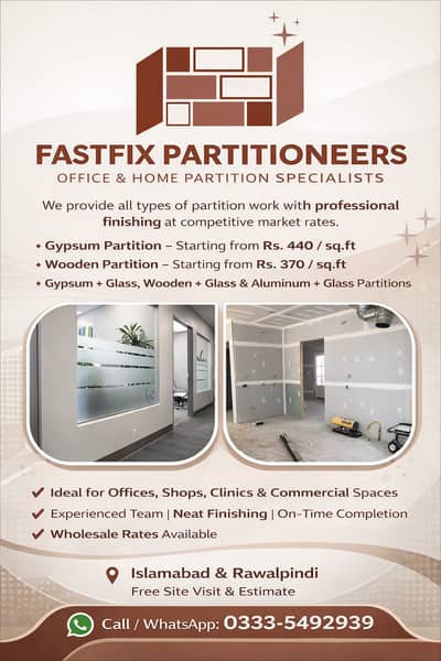 Partitions | Wooden Glass | Gypsum Glass 600-800 Rs/Sq /Plywood 350
