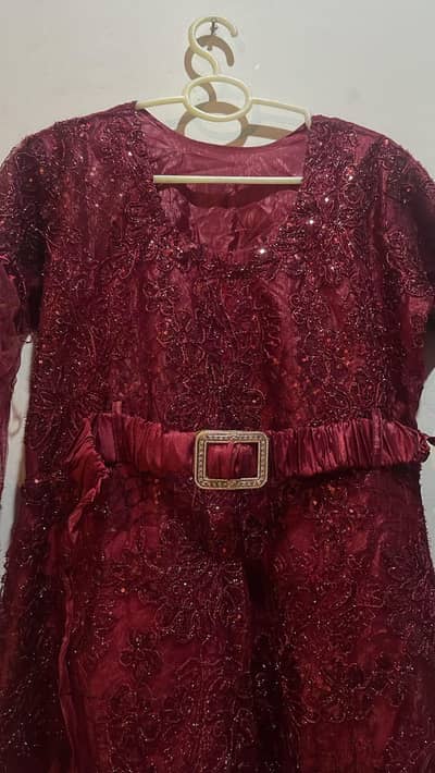 Title: Elegant Maroon Heavy Embroidered Party Wear Dress – Medium Size