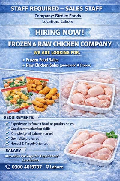 Sales Staff Required for Frozen & Raw Chicken Company – Lahore