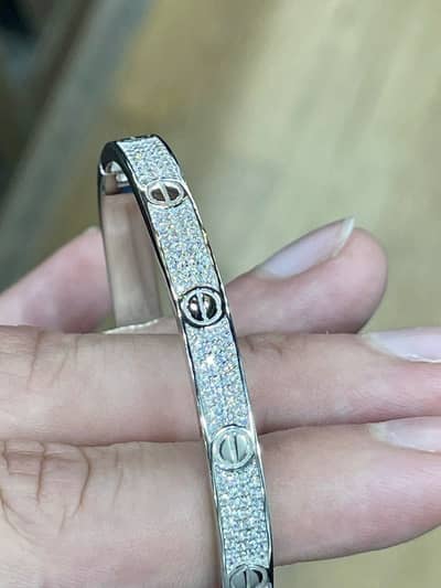 925 Pure Silver Love Bangle - 19.12g Heavy - Rhodium & Zircons