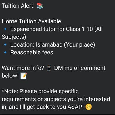 female bHome tutor is available from islamabad