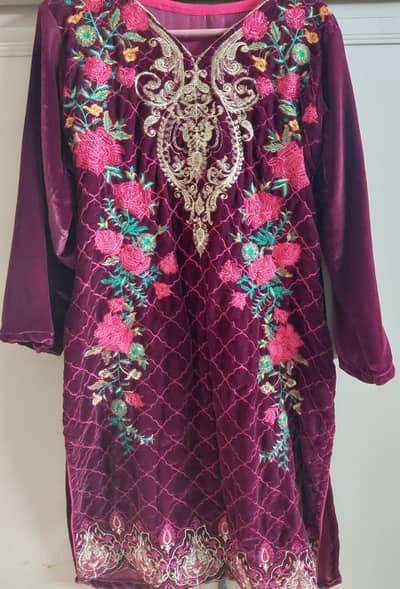 Maroon color Velvet Embroidered Kurta