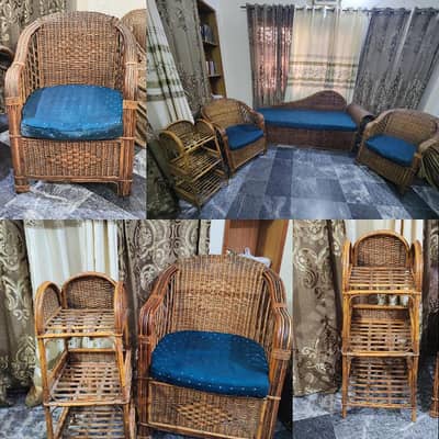 Cane sofa set with chairs and side rack
