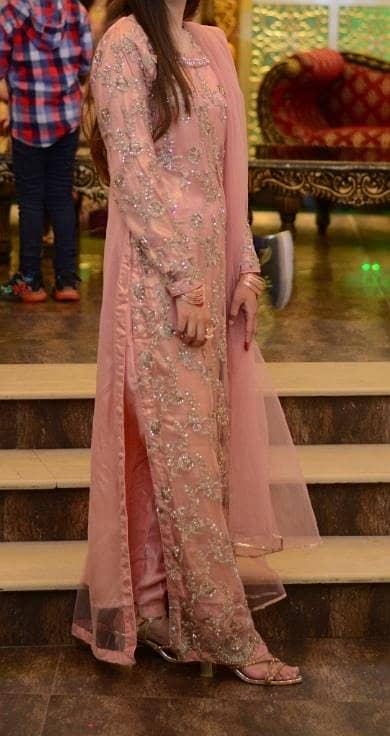 long net shirt along with capri trouser and net duppatta