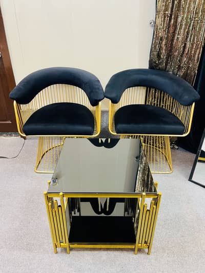 Designer Bedroom Chair Set With 2x2 Brass Table