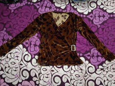Brand New Velvet Brown Leaf Print Kurti with Silver Buckle