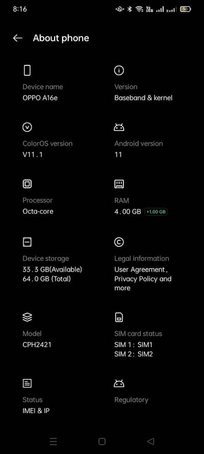 oppo a16e 4+1 ram 64 GB memory