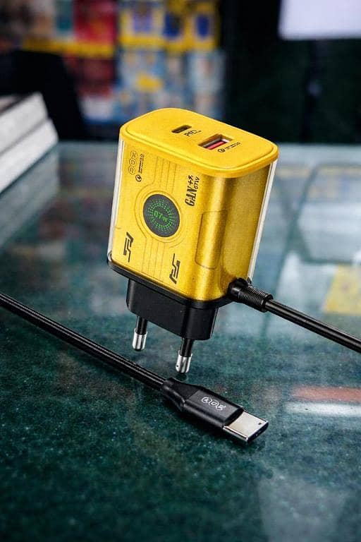 67W fast charging …. . capability. Includes a Type-C port and cable. Features Power 3.0 Quick Charge and GaN (Gallium Nitride) technology for efficient charging.