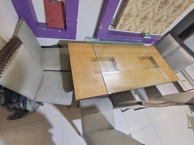 6 Seater Wooden Dining Table with Glass Top & Chairs