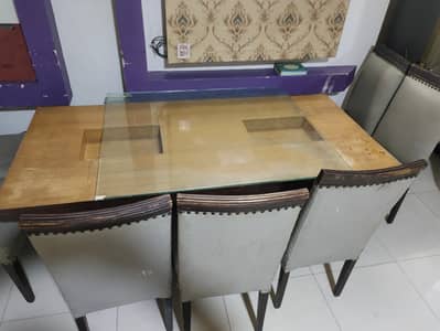 6 Seater Wooden Dining Table with Glass Top & Chairs