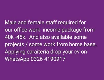 male and female staff required for our office