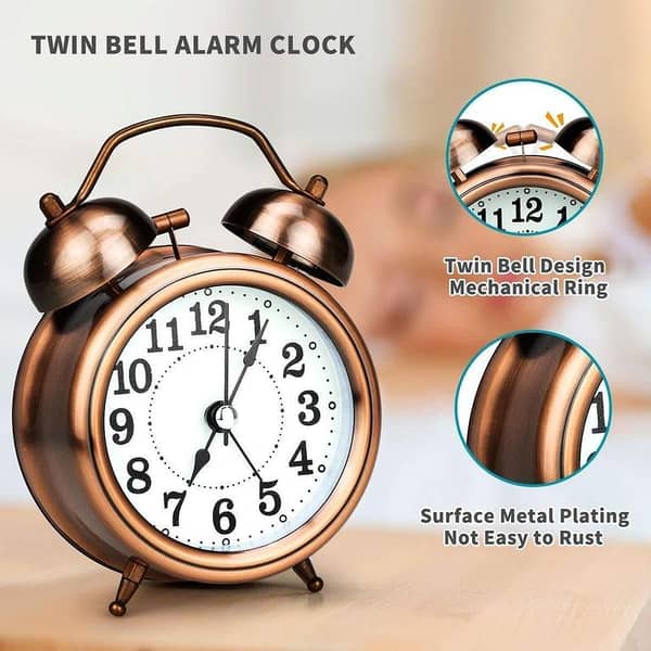 Vintage Twin Bell Analog Table Alarm Clock with Night LED Display for Home and Office