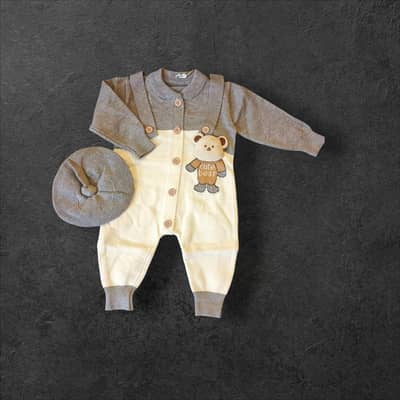 Baby Winter Romper Set with Cap – Soft Knit Full Sleeve Jumpsuit