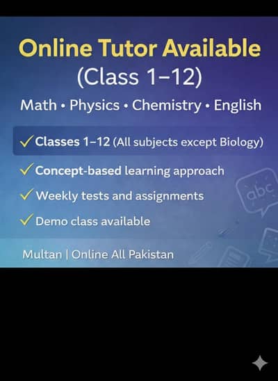 Online Tutor Available (Class 1–12) Math, Physics, Chemistry, English,