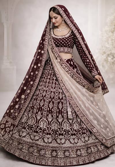 Luxury Maroon Velvet Bridal Lehenga Choli with Two Dupattas