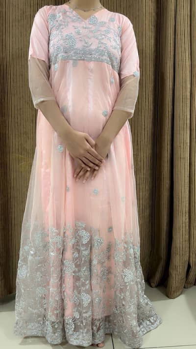 peach heavy embroidered net maxi small size / wedding/formal wear