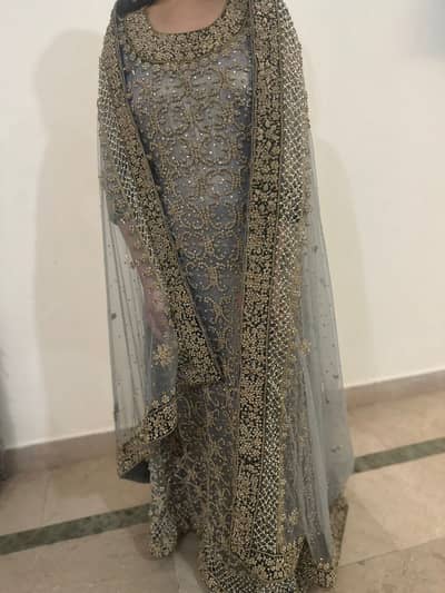 Elegant Grey & Gold Embroidered Maxi Dress with Dupatta