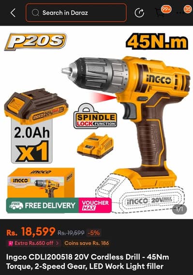 Original Ingco Cordless Drill, Power full 20V battery k sarh