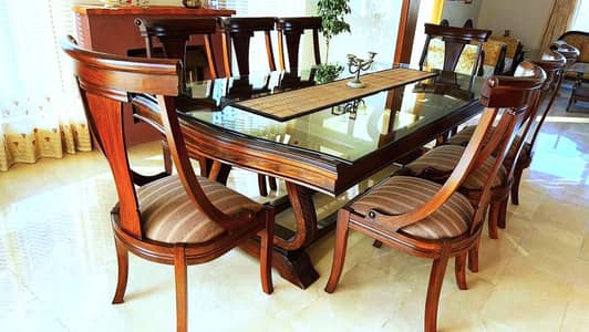 Rarely Used Dining Table with Glass Top & 8 Chairs for Sale